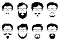 Set of images of male silhouette in glasses with hairstyles and beards