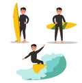 A set of images of a male surfer. Posing with a surfboard, riding the waves.