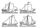 Set of images of medieval merchant ships with one sail drawn in art line style