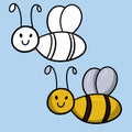 The set of images is monochrome and color. Little bee smiles, vector cartoon children's illustration Royalty Free Stock Photo