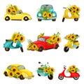 Set of images of mopeds and cars model beetle. Vector illustration on white background.
