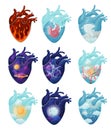 Set of images of natural phenomena inside the heart. Vector illustration on white background.