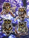 Set of images of owls on a blue wood background.