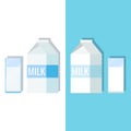 Set images paper white and blue packaging and glass of milk Royalty Free Stock Photo