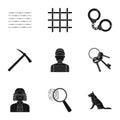 Set of images about the prison and prisoners. Surveillance of thieves, court, crime and punishment.Prison icon in set