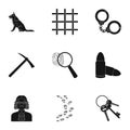 Set of images about the prison and prisoners. Surveillance of thieves, court, crime and punishment.Prison icon in set