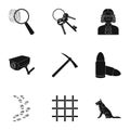 Set of images about the prison and prisoners. Surveillance of thieves, court, crime and punishment.Prison icon in set
