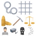 Set of images about the prison and prisoners. Surveillance of thieves, court, crime and punishment.Prison icon in set