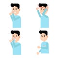 A set of images with signs of illness.Cough, sneeze,headache,fever, runny nose.The young man is ill.Vector illustration