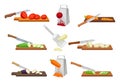 Set of images of vegetables chopped with a knife and grated. Vector illustration on a white background.