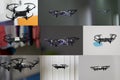 Set of images small indoors quadcopter drone in home blur background.