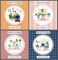 Set of pictures about home activity. People watch movies, play sports, gardening, work remotely