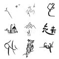 A set of images in the style of hieroglyphs on different topics