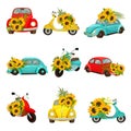 Set of images of retro mopeds and cars. Vector illustration on white background.