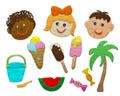 A set of images on the theme of summer in the style of plasticine. Isolated objects on a white background. Children`s drawings an Royalty Free Stock Photo