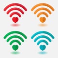 Set of images of wi-fi with heart, heart signal, connection betw