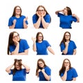 A set of images of a young girl with different emotions. Brunette in a blue T-shirt. White background. Collage. Square format
