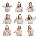 A set of images of a young girl with different emotions. White background. Collage. Square format