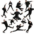 Set of images of young man, male office worker wearing black suit jumping, dancing and meditates with folders, coffee Royalty Free Stock Photo