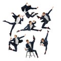 Set of images of young man, male office worker wearing black suit jumping, dancing and meditates with folders, coffee Royalty Free Stock Photo