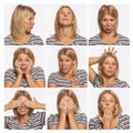A set of images of a young woman with different emotions. Beautiful blonde. White background. Collage. Square format