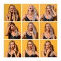 A set of images of a young woman with different emotions. Beautiful blonde. Yellow background. Collage. Square format