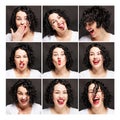 A set of images of a young woman with different emotions. Beautiful bright brunette. Black background. Collage. Square format
