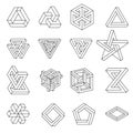 Set of impossible shapes. Optical Illusion. Vector Illustration isolated on white. Sacred geometry. Black lines on a Royalty Free Stock Photo