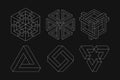 Set of impossible shapes. Optical Illusion. Sacred geometry. White shapes. on a black background. Royalty Free Stock Photo