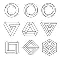Set of impossible shapes, vector, line design. Royalty Free Stock Photo