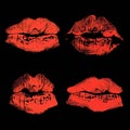 Set of imprint kiss red lips isolated on black background Royalty Free Stock Photo