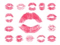 Set of 15 imprint of pink lipstick. Royalty Free Stock Photo