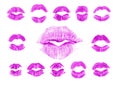 Set of 13 imprint of violet lipstick.