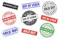 Set of imprints of rubber stamps with marketing and trading words Approved, Sold out, Out of stock of red, black, blue, green Royalty Free Stock Photo