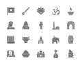 Set of Indian Culture Grey Icons. Elephant, Tuk Tuk Car, Cobra, Sitar, Mantra, Oil Lamp, Animal and more.