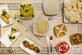 Set of Indian food dishes, with pilau rice, vegetable samosas, red curry, Royalty Free Stock Photo