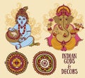 Set for indian holidays with Little Krishna and Lord Ganesha and ethnic ornaments