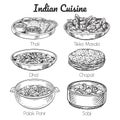 Set of indian meals. thali, sabji, chapati, dhal, tikka masala. Hand drawn line art. Vector illustration. Isolated on white.