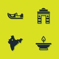 Set Indian shoes, Aroma lamp, map and Gate in Delhi icon. Vector