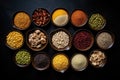 Set of indian spices on black background - green cardamom, turmeric powder, coriander seeds, cumin, and chili, top view