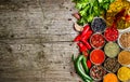 Set of Indian spices on wooden table - Top view Royalty Free Stock Photo