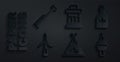 Set Indian teepee or wigwam, Bottle of maple syrup, Wind turbine, TV CN Tower Toronto, Inukshuk and Paddle icon. Vector