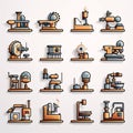 Set of industrial equipment icons. Vector illustration in a flat style Royalty Free Stock Photo