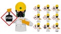 Set of industrial man in white chemical protective suit presents the GHS pictogram