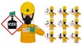 Set of industrial man in yellow chemical protective suit presents the GHS pictogram