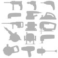 Set of industrial power tools icons for background with light gray silhouettes. Vector illustration. Royalty Free Stock Photo