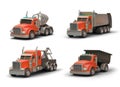 Set of industrial trucks of various types. 3D concrete mixer, garbage truck, tow truck, dumper Royalty Free Stock Photo