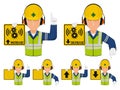Set of industrial worker with hearing protective equipment is gesturing hand sign increase,decrease