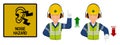 Set of industrial worker with hearing protective equipment is gesturing hand sign increase,decrease