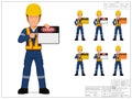 Set of industrial worker is presenting warning sign on white background